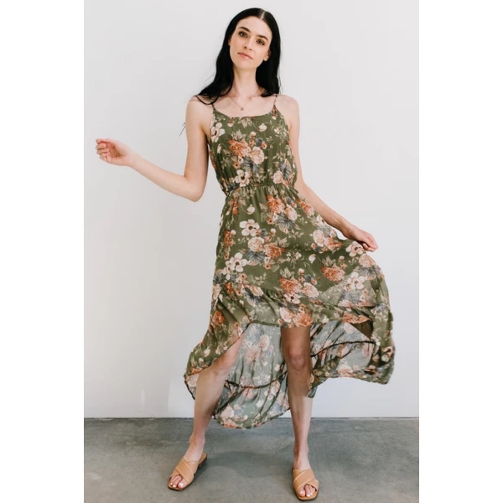 Green floral, asymmetrical dress, size Large